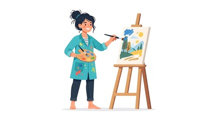 Fototapeta premium Gemini female artist painting a landscape on canvas easel, smiling creative woman holding palette and brush, isolated illustration