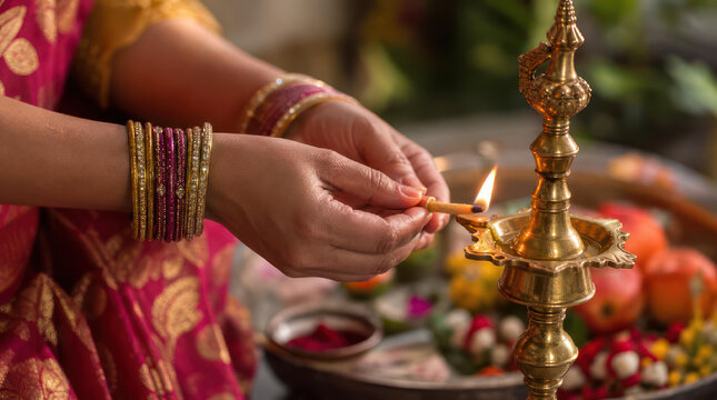 Woman lighting a traditional Indian oil lamp during a religious ceremony.