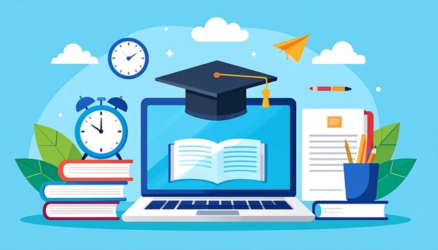 Colorful Online Learning Illustration with Laptop and Graduation Cap on Blue Background