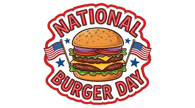 Colorful Celebration Badge with Juicy Burger Illustration for Food Holiday
