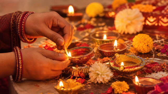 Woman lighting oil lamps for Diwali festival celebration 1.
