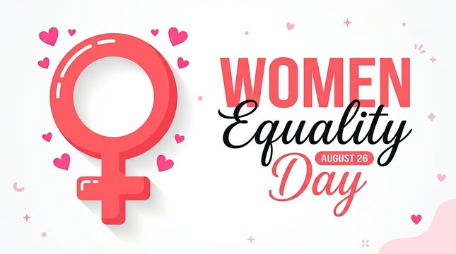 Flat lay composition of red female gender symbol with Women Equality Day text on pink confetti background
