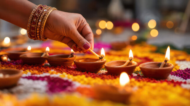 Woman lights traditional clay diyas during festival of lights celebration.