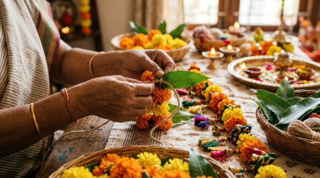Woman making flower garland for religious ceremony 1.