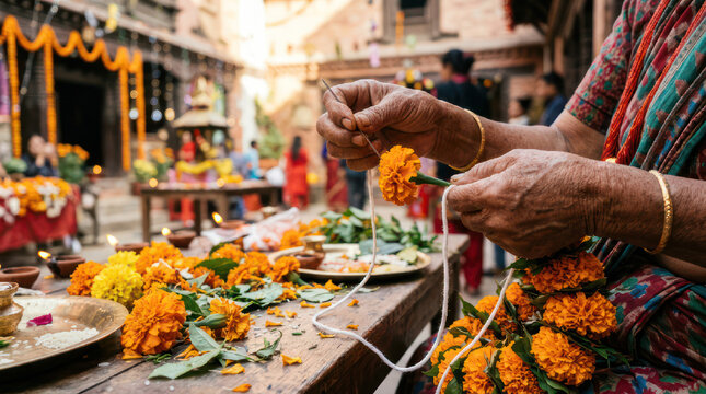 Woman making flower garland for religious ceremony.