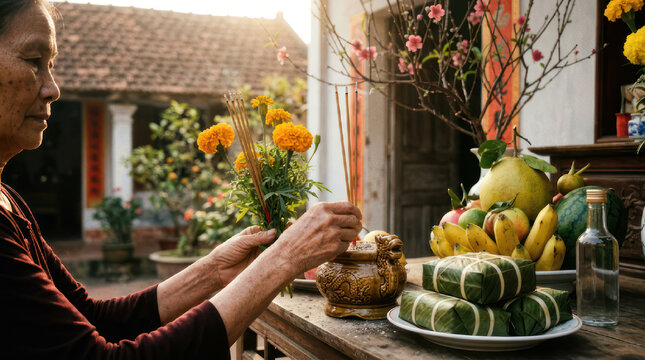 Woman preparing offerings for Lunar New Year celebration.