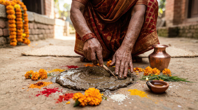 Woman preparing ritual offerings with flowers and spices.
