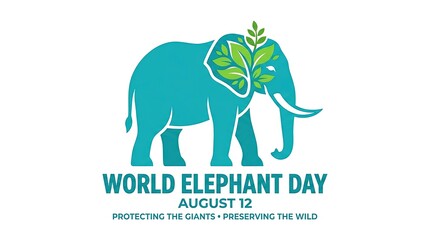 Fototapeta premium Teal Elephant Silhouette with Green Leaves on World Elephant Day