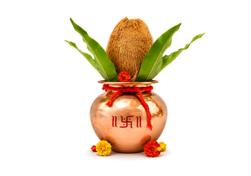 Indian festival akshaya tritiya, Wedding concept : Decorative Copper kalash with coconut and mango leaf with floral decoration on a white background. Essential in Hindu Puja.