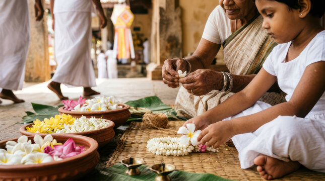 Young girl and woman making flower garlands together.