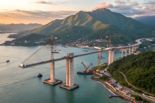 Cable stayed bridge under construction in a scenic coastal area