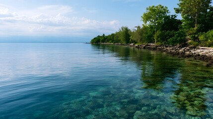 Obraz premium A serene tropical shoreline with clear turquoise waters gently lapping against a rocky coast lined with lush green trees under a partly cloudy sky