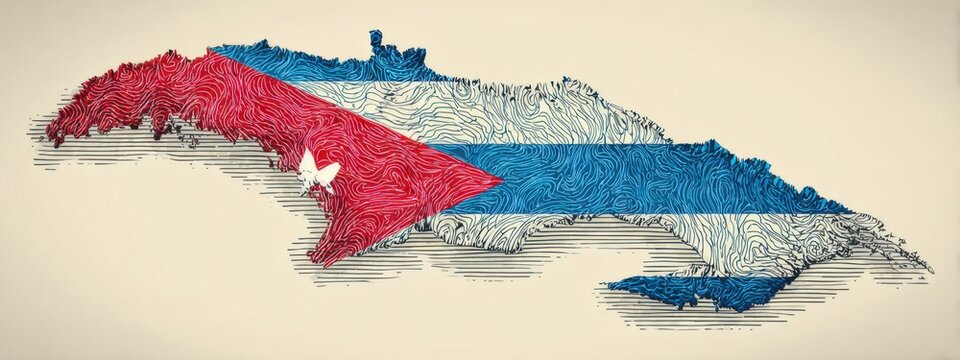 Map of Cuba with flag design showing land features and textures in a unique style