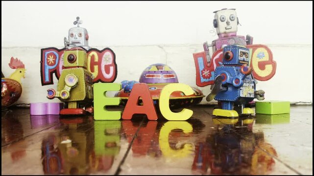 Retro robots say PEACE stop motion 
