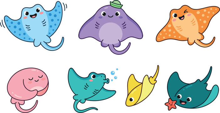 Cute stingray cartoon characters vector set with funny smiling baby manta ray isolated on transparent background