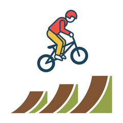 Naklejka premium A minimalist flat design icon of a cyclist performing an aerial maneuver on a BMX bike above geometric ramps, isolated on a white background. Extreme sport icon concept