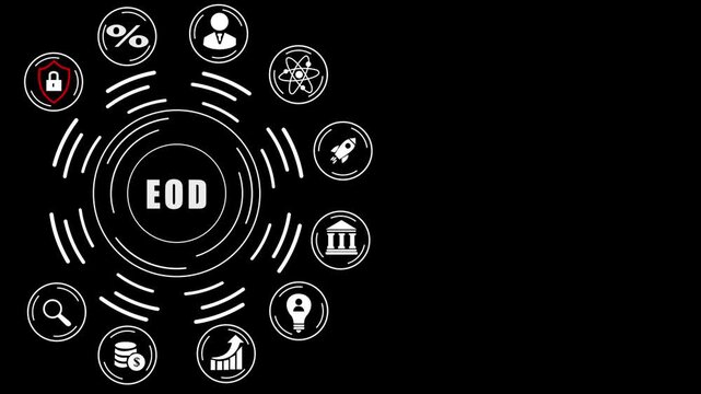 Digital EOD concept with dot network and business icons on dark background .closing bell, business, growth abstract circles and gears background.4k technology motion video..