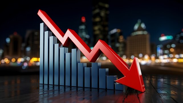 Red downward arrow with declining financial chart representing economic recession and market loss