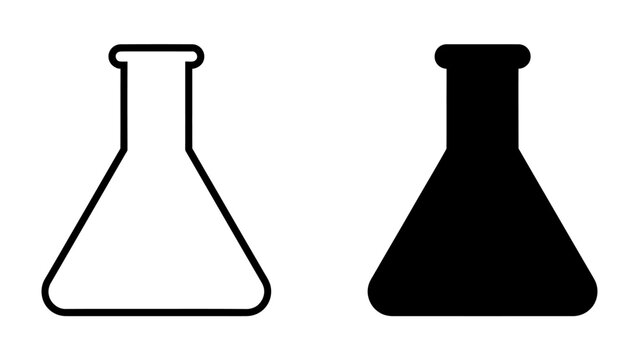 Erlenmeyer Flask Icons: A pair of erlenmeyer flask icons, one in black and white outline and the other in solid black, representing laboratory equipment and scientific research.