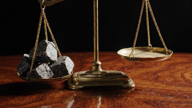 Brass balancing scale with rough black stone pieces and metal chain on wooden surface against dark black background symbolizing weight balance concept