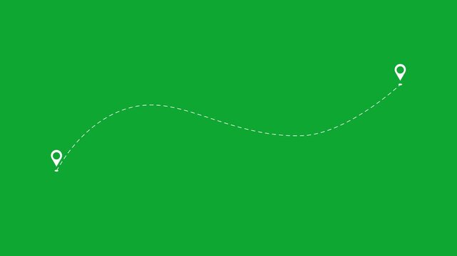 Animated dashed route line leading to map pin location on background.Navigation path with arrow and destination. travel up road animation.