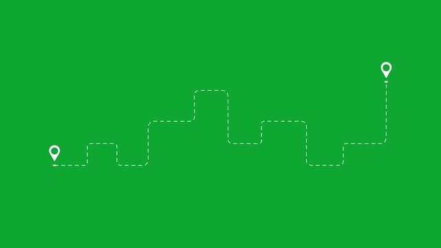 Animated dashed route line leading to map pin location on background.Navigation path with arrow and destination. travel up road animation.