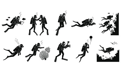 Set of Scuba Diver Silhouettes in Various Underwater Activities © MDSamedul