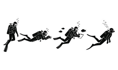 Set of scuba diver silhouettes in various underwater poses vector © MDSamedul