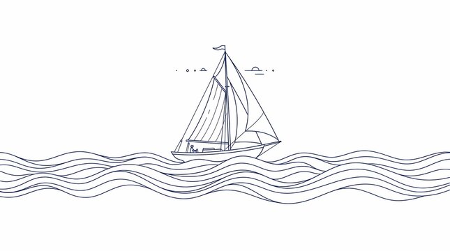 Sailboat sailing on the open ocean with gentle waves under a minimalist sky, line art illustration depicting maritime travel and leisure activity.