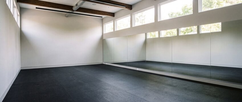 Spacious empty yoga studio with wide mirrors along one wall, high windows, and dark flooring under exposed wooden beams