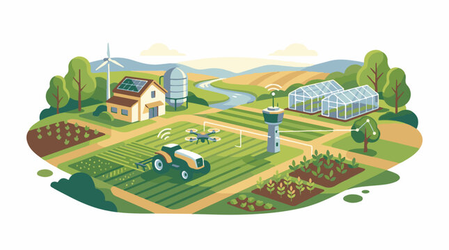 Modern farm with drone tractor greenhouses and solar panels