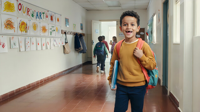Back to school smiling elementary school boy with backpack in hallway first day of class concept