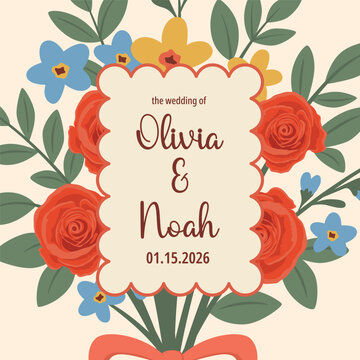 Floral Wedding Invitation Card Template, Vector Illustration. Romantic Wedding Invite with Roses and Blue Flowers. Bridal Announcement Design. Save the Date Card on Beige Background