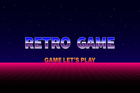Retro cyberpunk style 80s game scene pixel art 8-bit sci-fi background. glowing neon grid and stars from vintage arcade computer games.