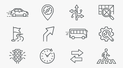 Fototapeta premium Clean Minimalist Black and White Icons Set Featuring Transportation Navigation and Traffic Control Symbols