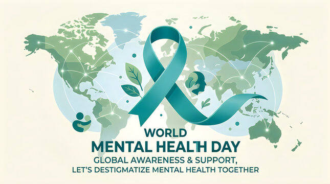 Teal awareness ribbon with world map for world mental health day global support and care concept