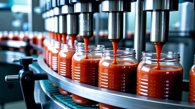 Automated ketchup bottle filling machine in modern food manufacturing factory