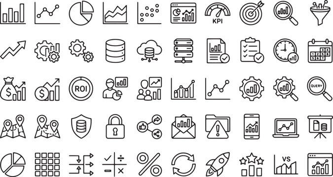 Business data analytics line icons set, professional marketing statistics and financial growth vector symbols, 50 thin stroke infographic elements