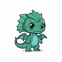 Fototapeta premium Cute green baby dragon standing in full body profile, character design pose, 2D cartoon illustration, soft even lighting, white background