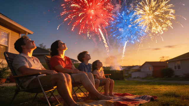 Family Watching Fireworks Display in Backyard at Dusk