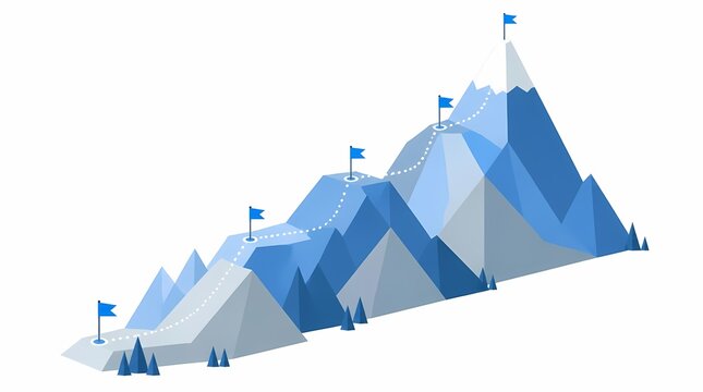 Mountain path illustration with blue flags marking progress milestones, symbolizing the challenging journey towards achieving business goals and ultimate success.