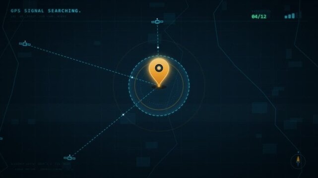 Futuristic GPS signal searching interface tracking satellites to pinpoint map location