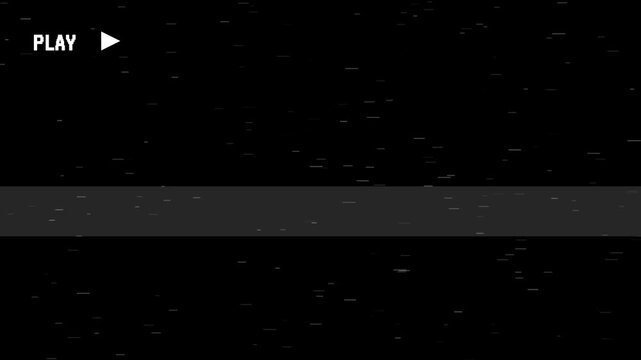 Video player interface overlay with play button icon on a dark screen with glitch static lines