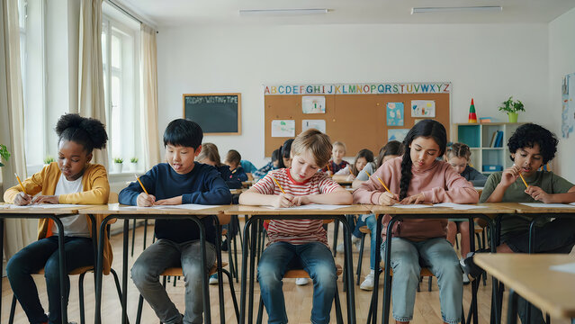 Back to school diverse elementary students focused on writing assignments in a bright classroom setting