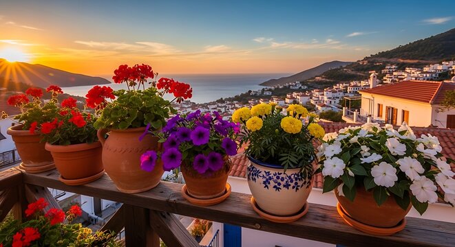 Colorful Potted Flowers Lined on Wooden Balcony Overlooking Coastal Village at Sunset