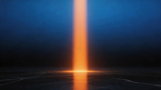 Vertical glowing light beam on reflective surface