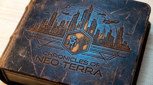 An old vintage book cover featuring an engraved futuristic cityscape and robot illustration.