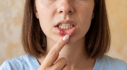Fototapeta premium Close-up of a young woman showing a painful red canker sore or aphthous ulcer on the inside of her lower lip, pointing with her finger to highlight the oral stomatitis infection and dental health issu