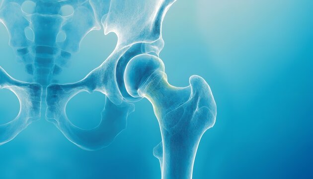 Medical illustration of a human hip joint and pelvic bone skeleton. Orthopedics anatomy and joint health. Visualizing a clear blue skeletal view of a human pelvis femur hip anatomy.