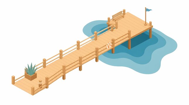 Wooden pier extending into calm water, featuring railings, a bench, potted plant, lifebuoy, and flag, isometric vector illustration for travel.